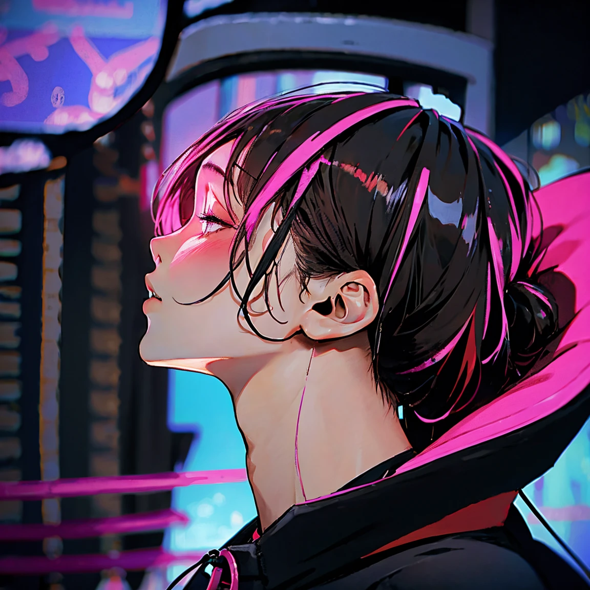 Male, profile, headphones, hoodie, vivid colors, neon, cyberpunk,