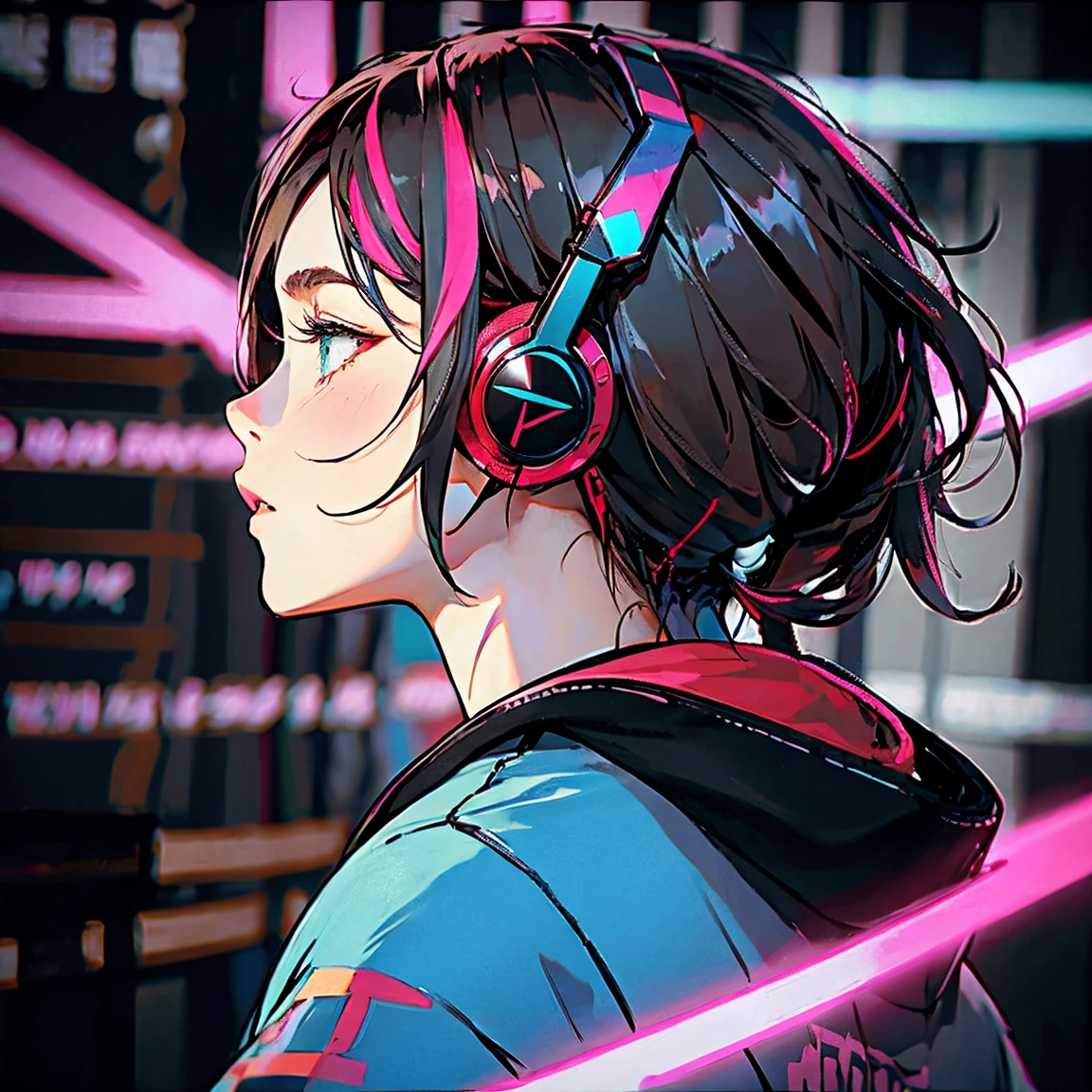 Male, profile, headphones, hoodie, vivid colors, neon, cyberpunk,