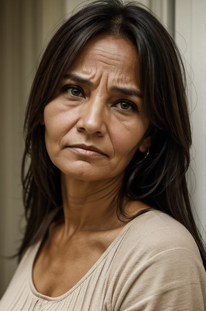 Ugly woman of non-convective appearance, with a tired face, 46 years old