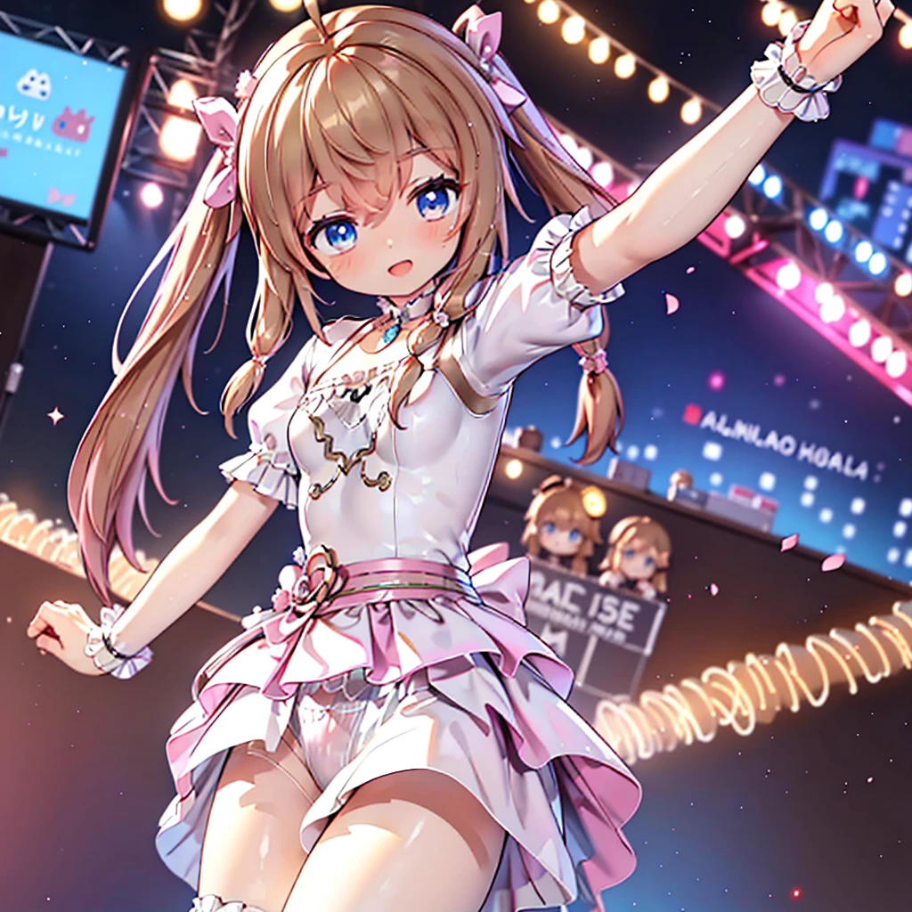 Solo girl, comical, kawaii, Blue eyes, light brown hair, back high twintails, front braids, princess dress, open mouth smile, side view, from bottom, dance at the stage, neon and led lights, posing, sexy, high-resolution image, masterpiece, high quality, attractive eyes, ((dutch angle)), underwear