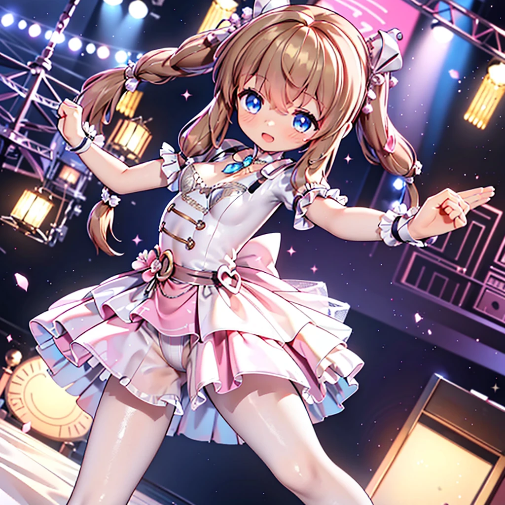 Solo girl, comical, kawaii, Blue eyes, light brown hair, back high twintails, front braids, princess dress, open mouth smile, side view, from bottom, dance at the stage, neon and led lights, posing, sexy, high-resolution image, masterpiece, high quality, attractive eyes, ((dutch angle)), underwear
