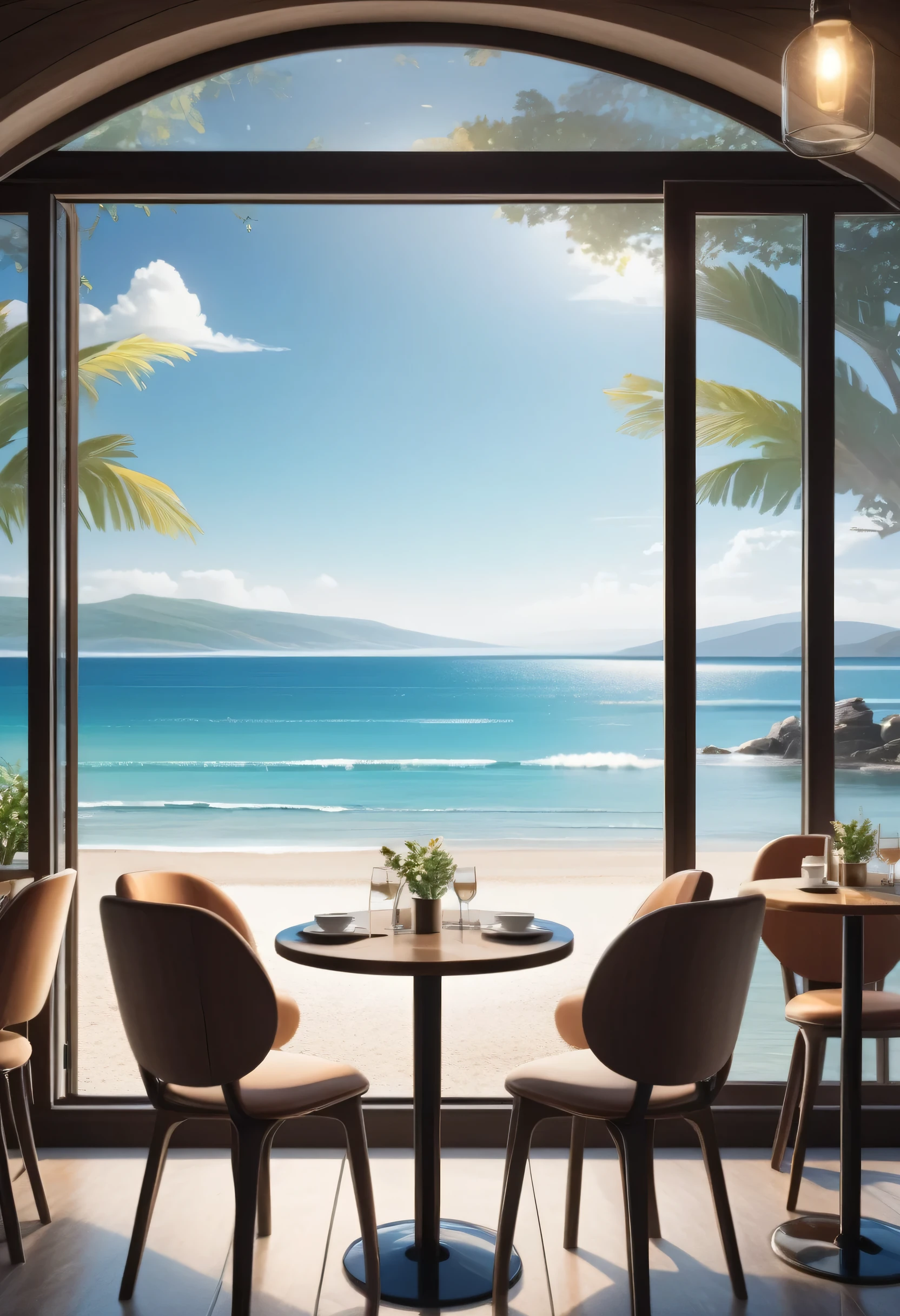 A beautiful cafe with glass window overlooking a calm seashore. With tables and chairs that can be seated in the outside. A peaceful scenery In 8k ultra high definition