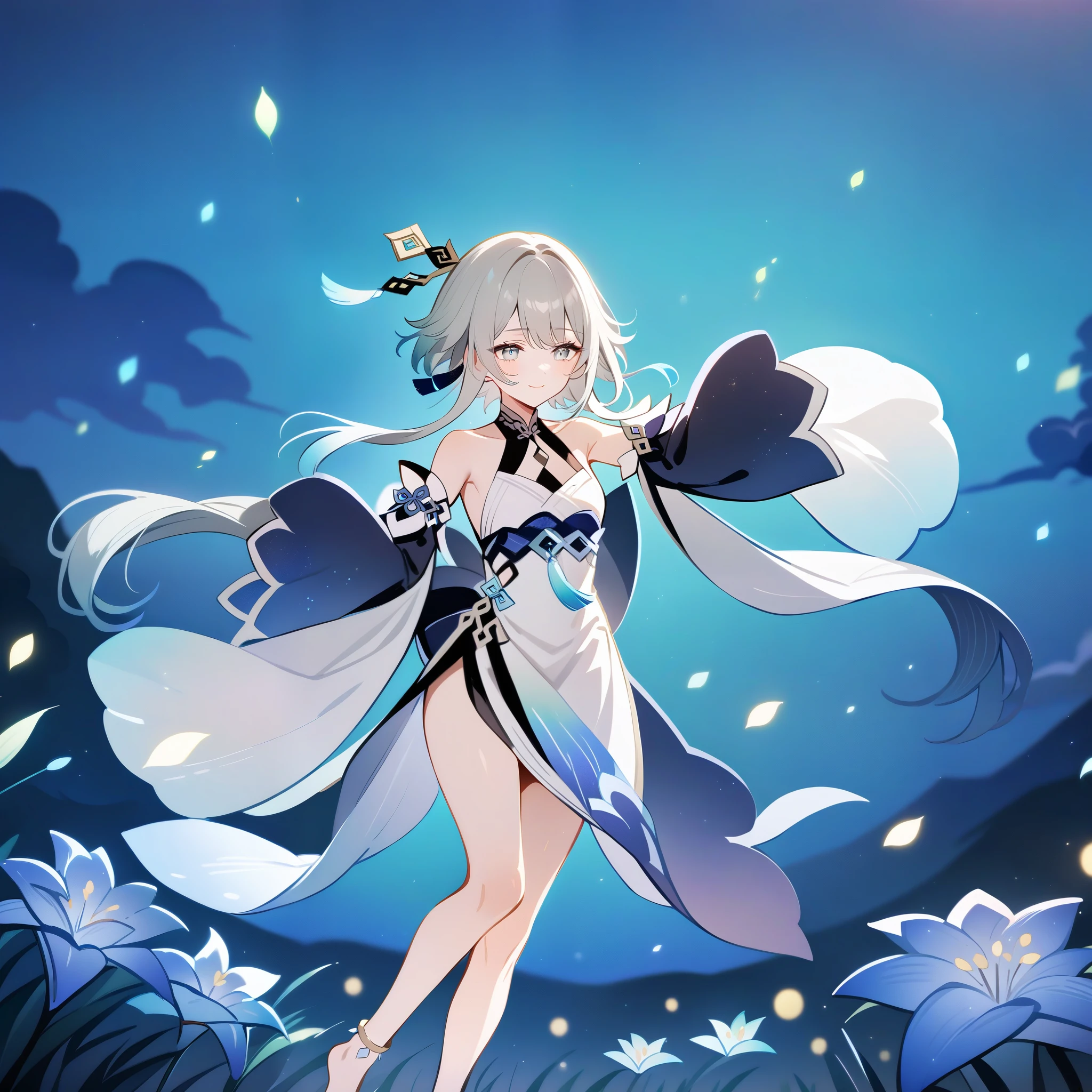 1girl, guizhong_\(genshin_impact\),light grey hair,short_hair_with_long_locks,starry_sky_print,detached_sleeves, long sleeves that drape over hands past fingers,dancing,hanfu,illustrated by matsuryuu and agahari and dsmile,pale green-grey eyes,stunning field of softly glowing blue and white glaze lilies,night scene,gentle smile,moonlight,glossy lips,soft anime coloring,cel shading,smooth, soft dreamy focus,anklet,halter_top,white clothes,highly detailed,digital painting,field of flowers,bare_shoulders,mihoyo,barefoot,cool night tones, magical night scene,masterpiece, best quality, film, bokeh, multicolored light particles,professional, 4k, highly detailed,fireflies,Guardian nebula of rainbow light and silvery vapor,ai-generated,goddess of stardust,realistic:.25