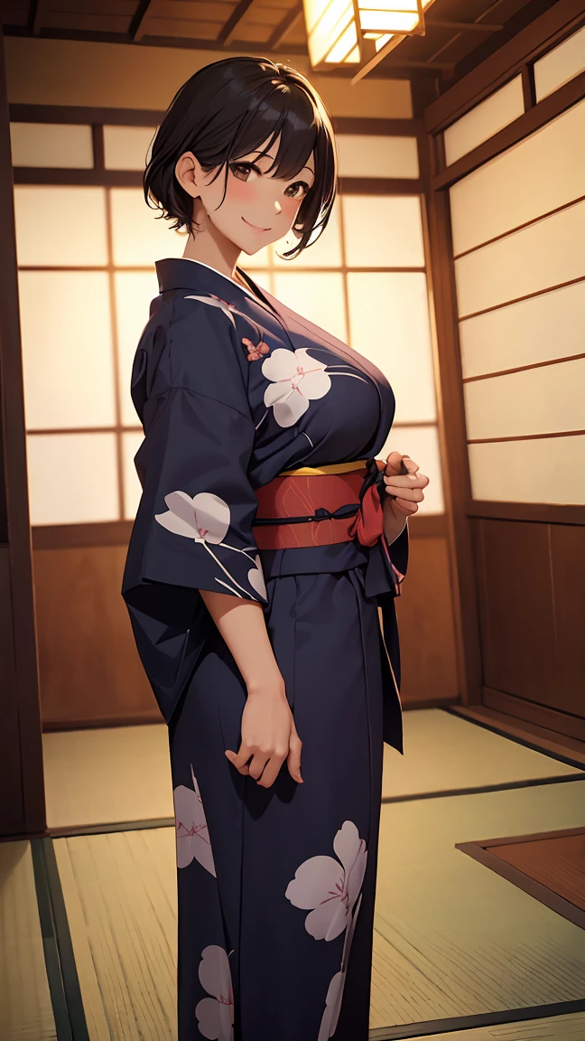 Standing wearing yukata、Outstanding smile、 milf 、Japanes、huge breast、short hair、(gleaming skin:1.4)、arms behind back, pigeon toed, Esbian all over body、(ryokan, in, room:1.2)
