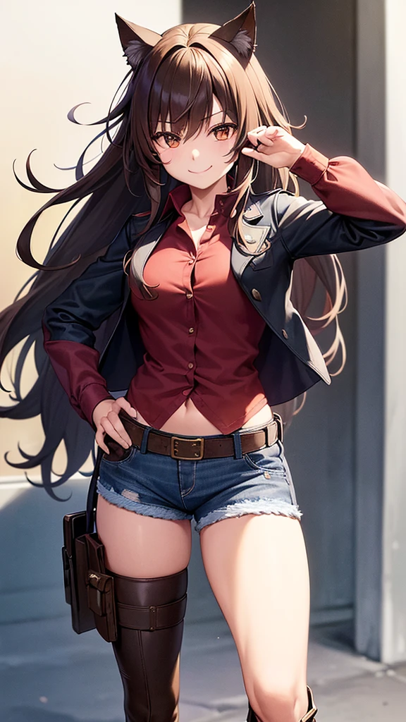 This is a digital drawing of a female character wearing cowboy attire. She has long brown hair, cat ears, and a mischievous smile. She's wearing a black coat, a red button-up shirt, blue denim shorts, and brown chaps over a pair of boots. She has a holster on her hip and a pair of pistols.