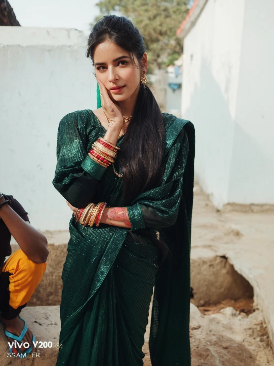 Wear Saree sitting, gorgeous royal, ((Katrina kaif:1.2)), jewellery, gem, necklace, gold bracelet, anklets, thick lips, skindentation, parted lips, ulzzang-6500-v1.1, portrait of a beautiful Indian woman, From Golden Skin, 27 years old, Pretty woman, Indian model, (in saree) (Slim abdomen), (Perfect slim figure), (Dynamic pose), Solo, ((open crotch)), (((bare ass))), (Slim:1.1), 1 woman, (Full figure:0.9), Beautifully detailed sky, sunny day, Mumbai city, On the street, detailed Mumbai street, Indian clothes,(( long sleeve dress)), ((chiffon saree with open pallu)), medium hair, smile, closed mouth, lips, saree covered with full body, detailed beautiful round eyes, Indian women, Asian women, Beautiful face, photorealistic, rim lighting, two-tone lighting, gold bracelet, thick lips, indentation, parted lips, (detailed eyes), light blonde hair, blue eye, details still clear, honey-coloured, fluffy turned, HDR, shallow depth of field, broad light, backlighting, bloom, light sparkles, chromatic aberration, sharp focus, Nikon Z 85mm, unparalleled masterpiece, ultra-realistic 8k photos, best quality masterpiece, best quality, (photorealistic:1.2), (realistic:1.5), (hyperrealistic:1.2),(photorealistic face:1.2), (close up:1.6), (light blonde hair), (blue eyes), ((big cheeks)), (beautiful face:1.8), (detailed face:1.6), (medium breast:1.2), (detailed bright eyes:1.5), (eyelashes:1.4), (smiling:1.3), (detailed long black hair), (Green saree:1.5), (narrow waist:1.5), (thigh: 1.5), (realistic human skin:1.6), (full curvy body) (detailed eyes), (seductive pose), (detailed facial features), (detailed clothes features), (necklace), (earrings), (bracelet), ( Silk Green saree),(Photorealistic:1.4), (High Quality: 1.2), Raw photo, (Perfect body shape), Uniform, Deep shadows, Unobtrusive, Cold light 12000K,
