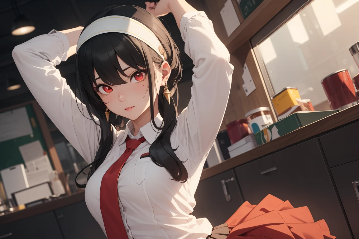 bbyorf, short hair with long locks, white hairband, ((red eyes:1.5)), gold earrings,
BREAK (school uniform, white shirt, brown vest, long sleeves, red necktie, pleated skirt, black skirt, white thighhighs, loafers:1.2),
BREAK arms up,armpit, sweating,
BREAK (masterpiece:1.2), best quality, high resolution,NSW ,unity 8k wallpaper, (illustration:0.8), (beautiful detailed eyes:1.6), extremely detailed face, perfect lighting, extremely detailed CG, (perfect hands, perfect anatomy),