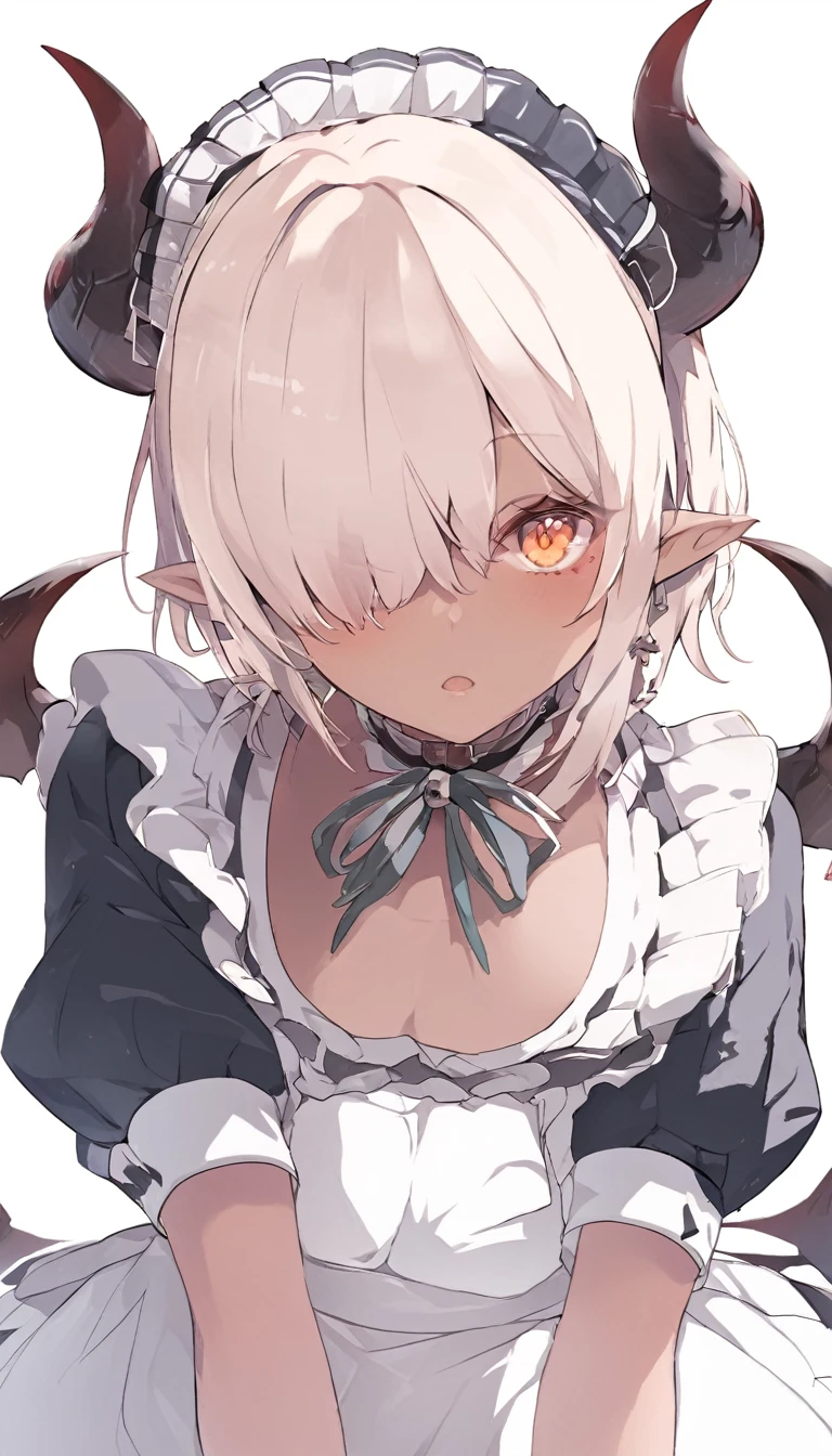 we just need to look at the face of this anime girl to know her true intention, 1girl, solo, dark skin, horns, dark-skinned female, pointy ears, maid, hair over one eye, apron, short sleeves, maid headdress, orange eyes, looking at viewer, puffy sleeves, short hair, puffy short sleeves