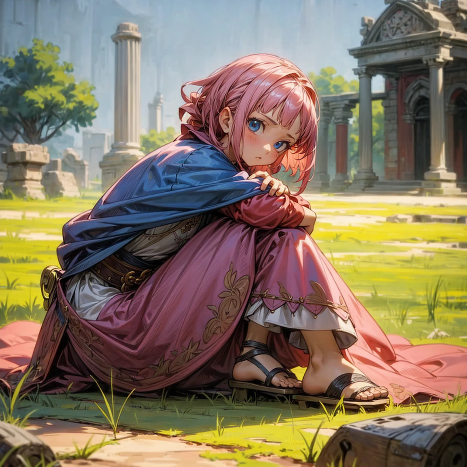 1childern girl, Full body version, 1character, children girl version, blue eyes, long messy haircut, pink colour hair, Ancient Roman clothing, red colour clothing, sandals, Grassroots, background in field town, motion blur, Lie down gesture, (one piece style art)