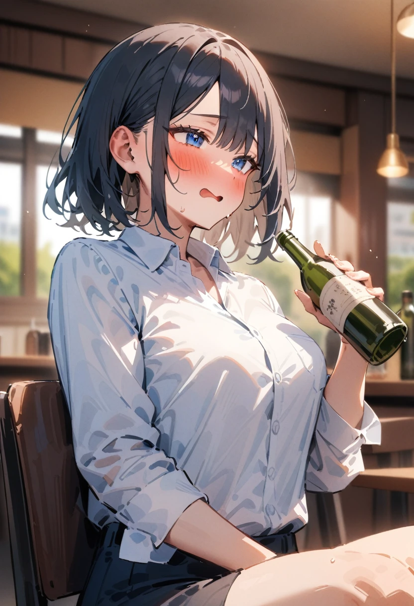 masterpiece, best quality, very aesthetic, absurdres, newest, 1girl, solo, asymmetrical bangs, tareme, blush, drunk, medium hair, blue eyes, shirt, black hair, holding, sitting, business suit, white shirt, upper body, collared shirt, indoors, blurry, book, window, blurry background, chair, bottle, holding bottle
