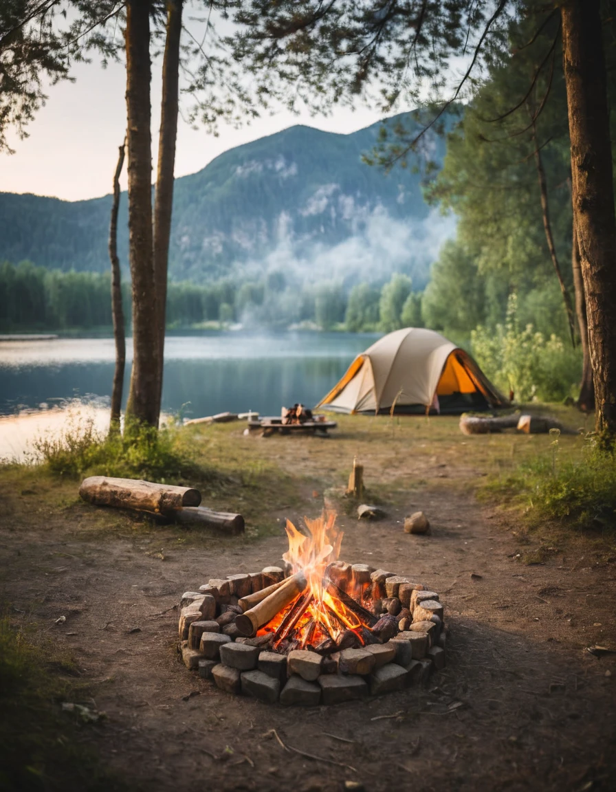 araffes and a tent set up on a campsite near a lake, campfire in background, camping, camp fire, barrel fires and tents, setting in nature, peaceful environment, campsites, campfire, outdoor campfire pit, (fire), beautiful environment, relaxing environment, glamping, accurate and detailed, campfire background, outdoors setting, beautiful setting, by Jakob Gauermann