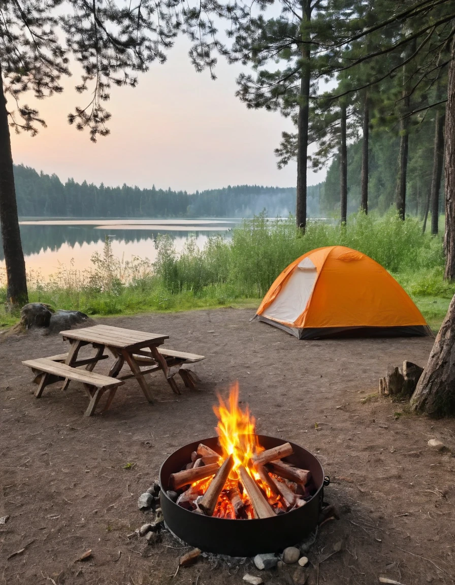 araffes and a tent set up on a campsite near a lake, campfire in background, camping, camp fire, barrel fires and tents, setting in nature, peaceful environment, campsites, campfire, outdoor campfire pit, (fire), beautiful environment, relaxing environment, glamping, accurate and detailed, campfire background, outdoors setting, beautiful setting, by Jakob Gauermann