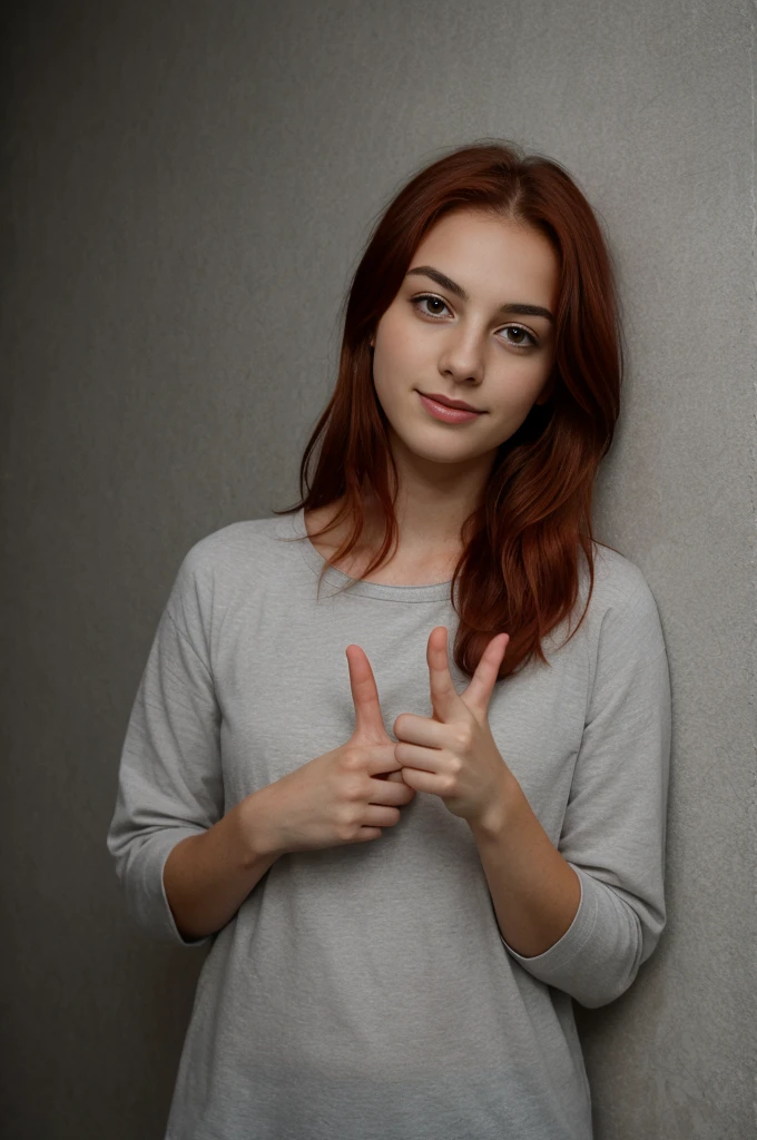 red-haired beautiful girl shows peace sign, in a very dark room against a wall covered with gray wallpaper