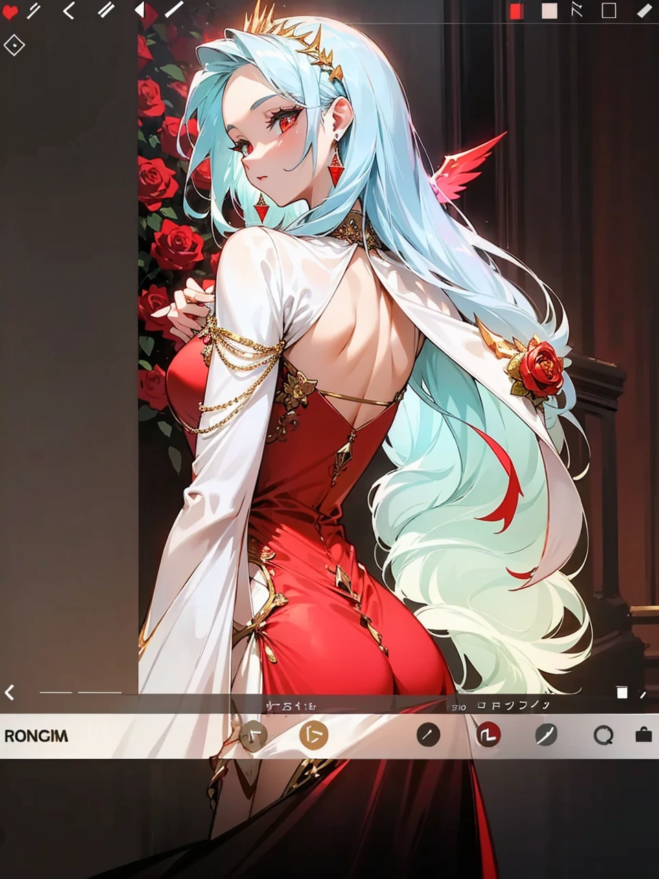 Add in roses to her dress, a good back dress design with some golden jewelry, make her dress into a red and white gown with a hat, give her some unique Jewelry, and make her look somewhat of a demonic angel like appearance to her