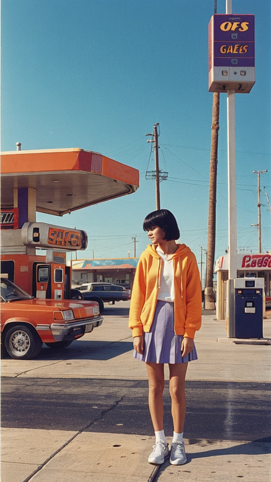 (medium shot portrait) of cute 23 yo girl ,wear ((orange color oversized_hoodie)), wear ((purple tennis skirt)),looking front,ultra detail, 8k portraitBest Quality,Masterpiece,Ultra High Resolution,(Realisticity:1.4),Original Photo, 1Girl, light leak,ultra high resolution,UHD,beautiful, ((black bob hairstlye)), almond eye, no makeup, in front of ((80's colorful los angles gas station)), ((masterpiece)),summer, blue sky, palm trees,sunny, los angles vibes,film camera, 800mm lens,style of Philip Lorca diCorcia