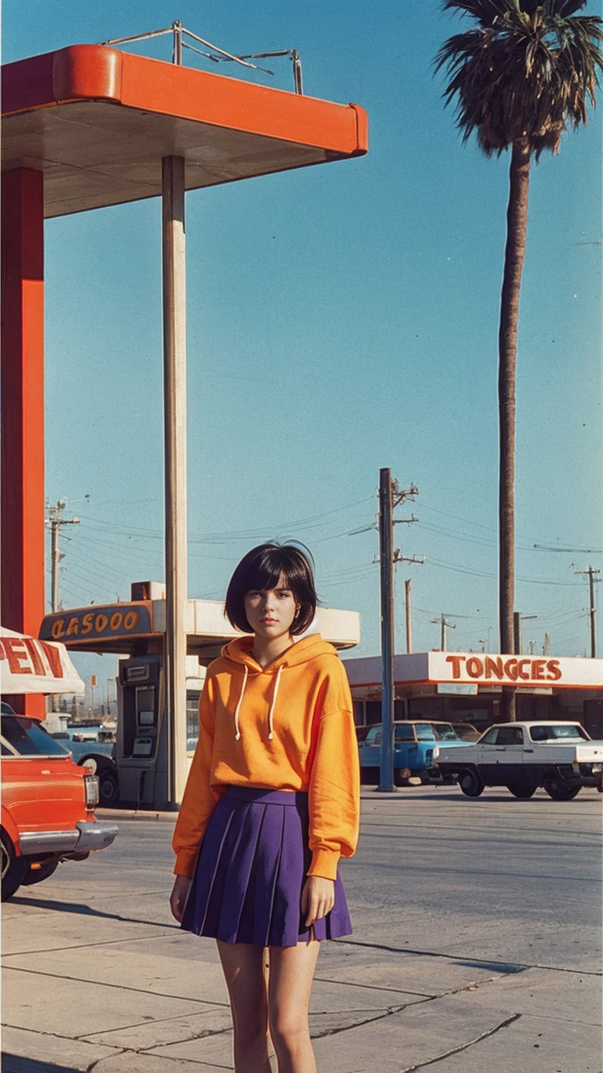 (medium shot portrait) of cute 23 yo girl ,wear ((orange color oversized_hoodie)), wear ((purple tennis skirt)),looking front,ultra detail, 8k portraitBest Quality,Masterpiece,Ultra High Resolution,(Realisticity:1.4),Original Photo, 1Girl, light leak,ultra high resolution,UHD,beautiful, ((black bob hairstlye)), almond eye, no makeup, in front of ((80's colorful los angles gas station)), ((masterpiece)),summer, blue sky, palm trees,sunny, los angles vibes,film camera, 800mm lens,style of Philip Lorca diCorcia