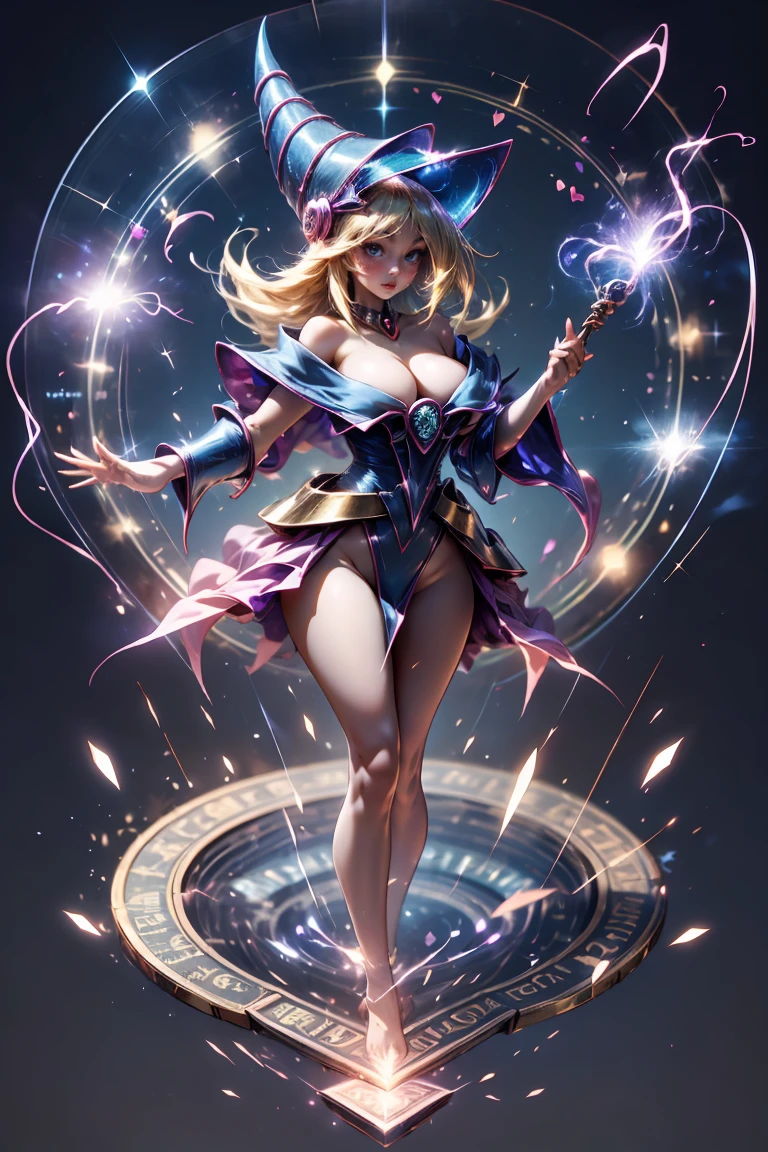 (Masterpiece:1.2), (The best quality:1.2), perfect lighting, Dark Magician Girl casting a spell, floating in the air, big tits and big hips, neckline, magic background. Transparent hearts in the air, blue robe, big hat, From above, sparkles, Yugioh Card in the background that is facing very close to the screen 