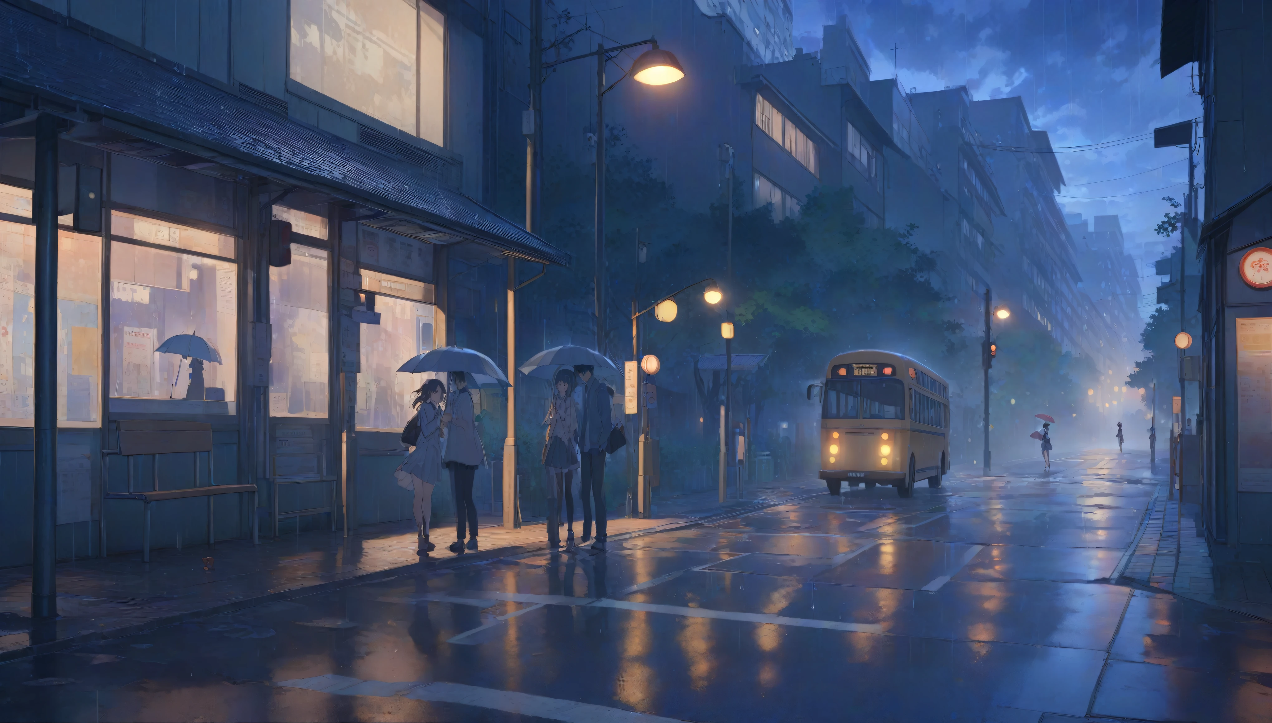 A drizzling street corner, under dim dusk null, Wet asphalt, bus stop, high school student, The girl is wet from the rain, Smiling innocently, The boy runs to pick up the girl, Offer an umbrella to a girl, buildings and street lights in background with details as seen in Makoto Shinkai's works, bus stop, PEAnimeBG, City Street, landscape, background, animation, null, masterpiece, High resolution, 4K Acetate, detailed