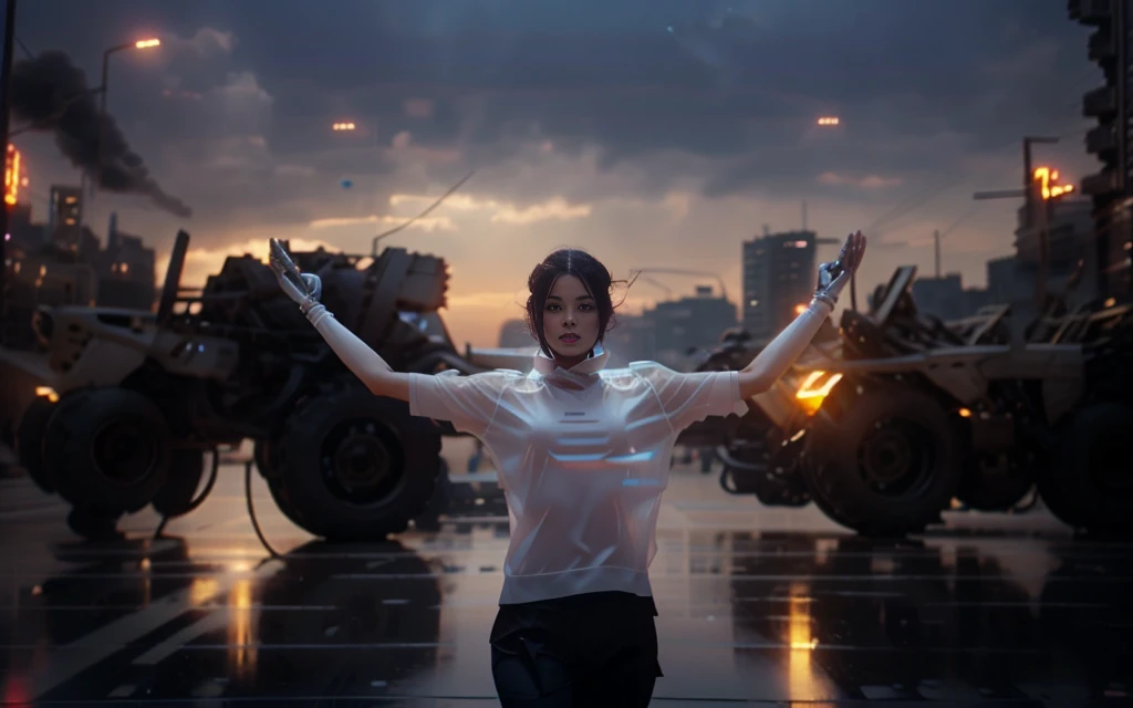 Translucent ethereal mechanical girl,Futuristic girl,Mechanical joint,futuristic city background