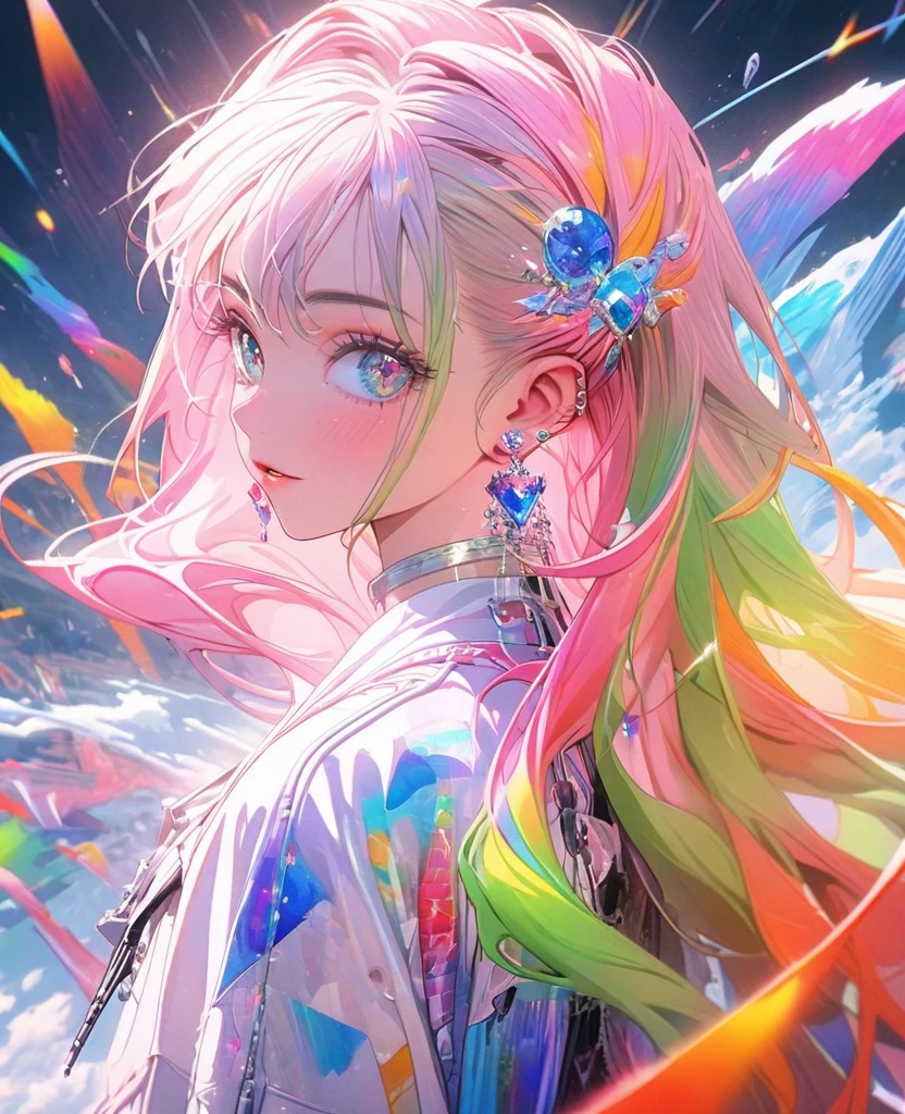 8K,gal,an extremely delicate and beautiful,Beautiful and realistic skin,Shiny jewel-like earrings,Long colorful hair,beautiful eyes,full body,cool futurefashion, musician,colorful world