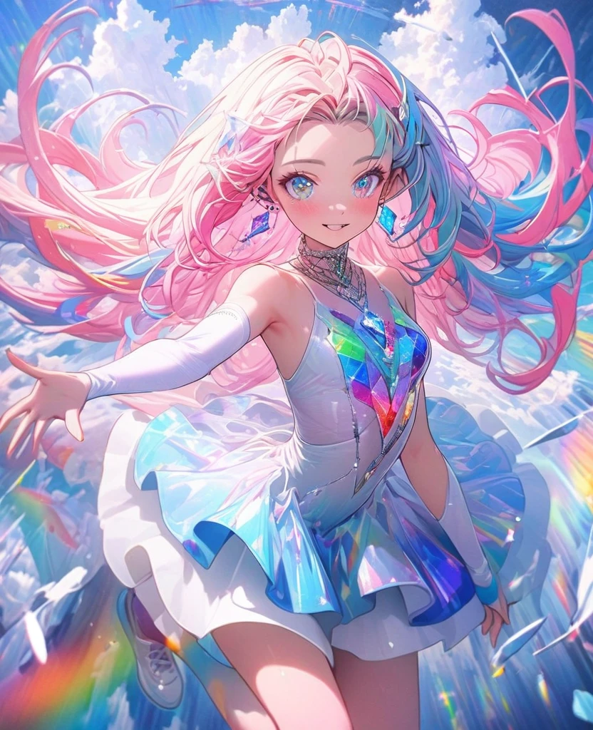 8K,gal,an extremely delicate and beautiful,Beautiful and realistic skin,Shiny jewel-like earrings,Long colorful hair,beautiful eyes,full body,cool futurefashion, musician,colorful world