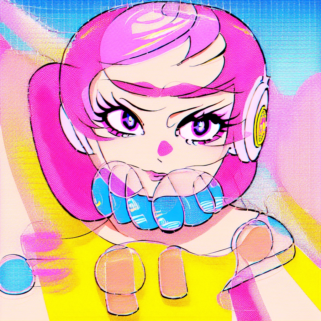 (masterpiece), Highest quality, One girl, Part your lips, Upper Body, bangs, Pastel background,((Halftone Screen,popart,Mixed Media)),((Lichtenstein-style drawing)),(blue eyes,Wearing headphones)
