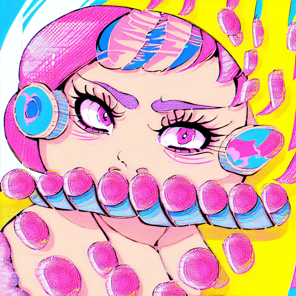 (masterpiece), Highest quality, One girl, Part your lips, Upper Body, bangs, Pastel background,((Halftone Screen,popart,Mixed Media)),((Lichtenstein-style drawing)),(blue eyes,Wearing headphones)