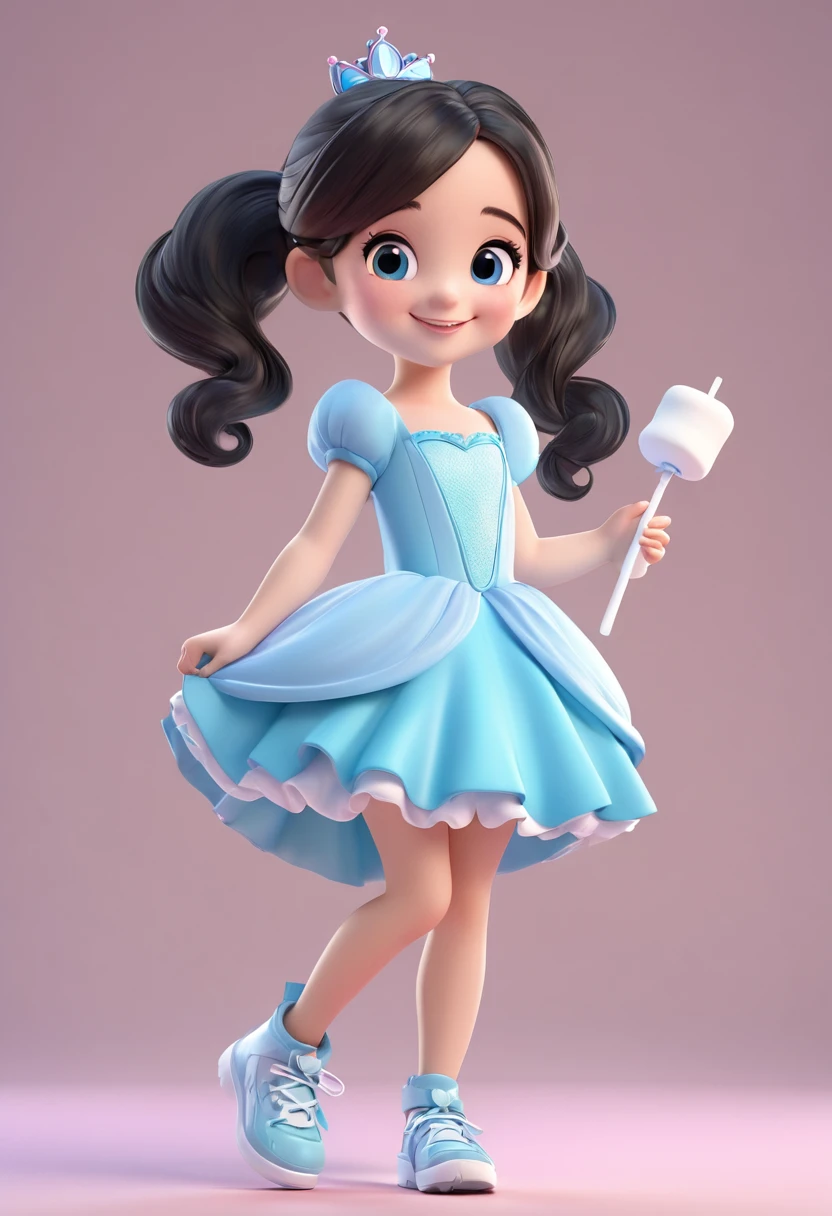 A cartoon little girl，Disney Princess Dress Up，energetic and cute，Marshmallow in hand，Smile at the camera，Full body view，3D Rendering，OC Rendering，C4D