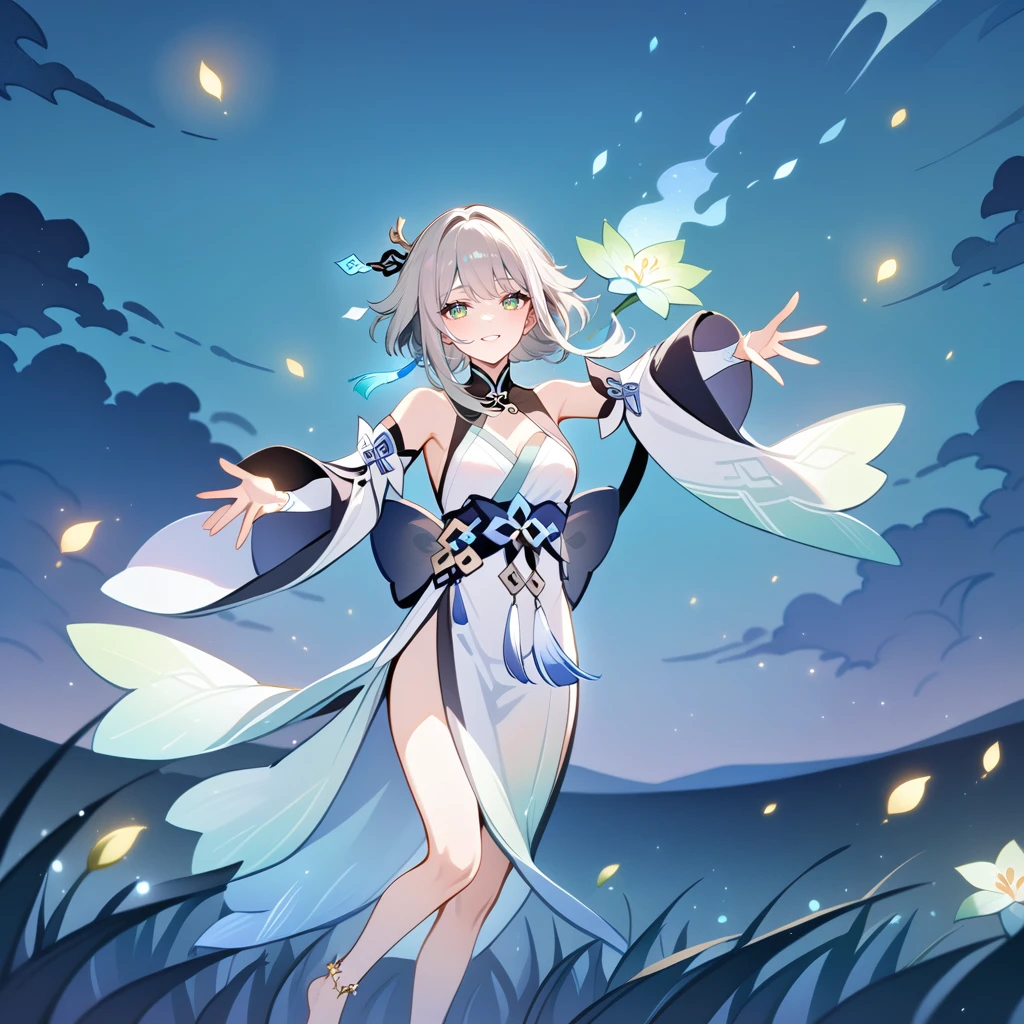 1girl, guizhong_\(genshin_impact\),light grey hair,short_hair_with_long_locks,starry_sky_print,detached_sleeves, long sleeves that drape over hands past fingers,dancing,hanfu,illustrated by matsuryuu and agahari and dsmile,pale green-grey eyes,stunning field of softly glowing blue and white glaze lilies,night scene,gentle smile,moonlight,glossy lips,soft anime coloring,cel shading,smooth, soft dreamy focus,anklet,halter_top,white clothes,highly detailed,digital painting,field of flowers,bare_shoulders,mihoyo,barefoot,cool night tones, magical night scene,masterpiece, best quality, film, bokeh, multicolored light particles,professional, 4k, highly detailed,fireflies,Guardian nebula of rainbow light and silvery vapor,ai-generated,goddess of stardust,realistic:.25