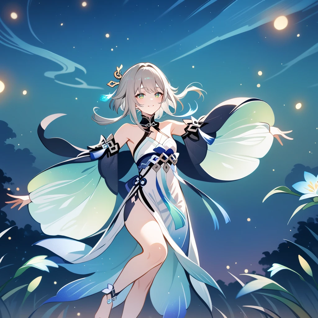 1girl, guizhong_\(genshin_impact\),light grey hair,short_hair_with_long_locks,starry_sky_print,detached_sleeves, long sleeves that drape over hands past fingers,dancing,hanfu,illustrated by matsuryuu and agahari and dsmile,pale green-grey eyes,stunning field of softly glowing blue and white glaze lilies,night scene,gentle smile,moonlight,glossy lips,soft anime coloring,cel shading,smooth, soft dreamy focus,anklet,halter_top,white clothes,highly detailed,digital painting,field of flowers,bare_shoulders,mihoyo,barefoot,cool night tones, magical night scene,masterpiece, best quality, film, bokeh, multicolored light particles,professional, 4k, highly detailed,fireflies,Guardian nebula of rainbow light and silvery vapor,ai-generated,goddess of stardust,realistic:.25