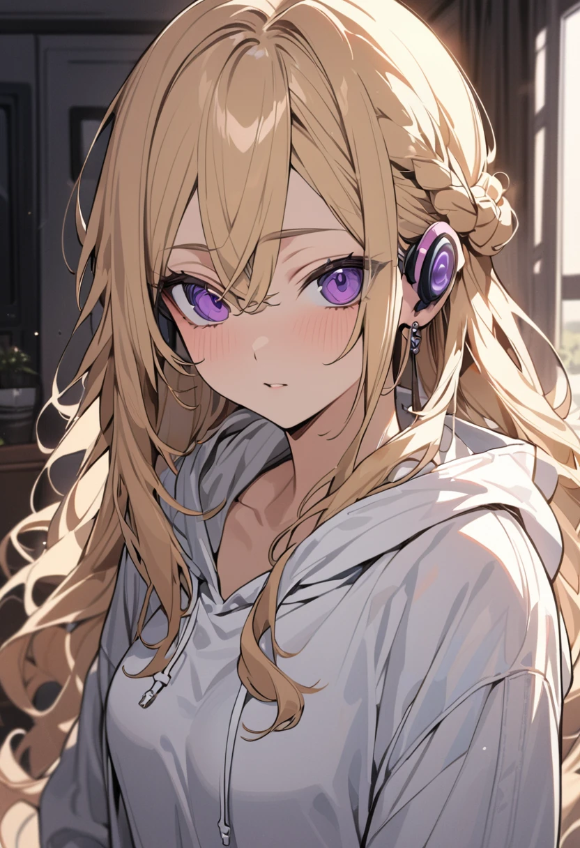 masterpiece, best quality, extremely detailed, ultra detailed, flat anime, 2D,
1girl, (young adult:1.2),blonde hair, (semi-long hair:1.2), curly hair, french braid, medium breasts, tsurime, purple eyes, height 1.7meters, 
white hooded sweatshirt, jeans,  earring,bracelet, long sleeves, earphone,
jitome,
portrait, upper body, looking at viewer, facing viewer,
summer, livingroom, 12AM., standing