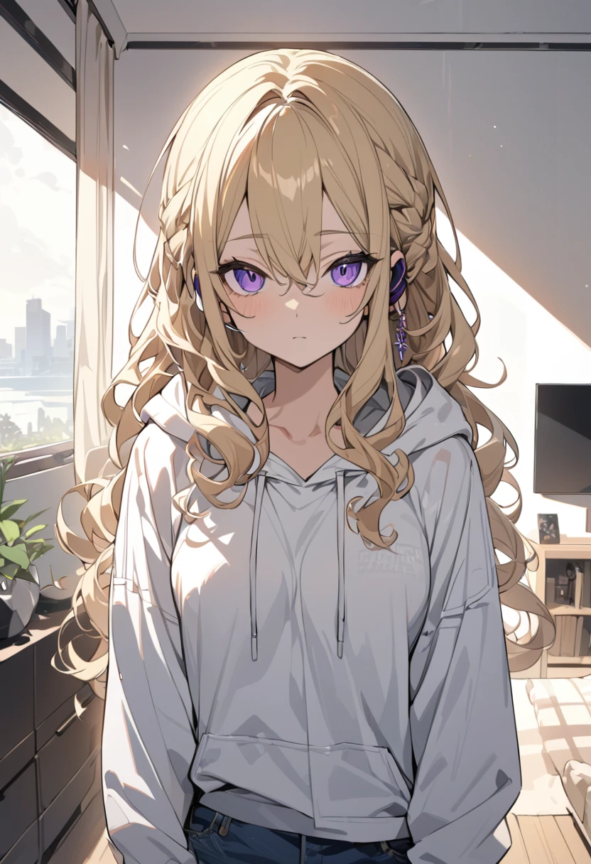 masterpiece, best quality, extremely detailed, ultra detailed, flat anime, 2D,
1girl, (young adult:1.2),blonde hair, (semi-long hair:1.2), curly hair, french braid, medium breasts, tsurime, purple eyes, height 1.7meters,
white hooded sweatshirt, jeans, earring,bracelet, long sleeves, earphone,
jitome,
portrait, upper body, looking at viewer, facing viewer,
summer, livingroom, 12AM., standing