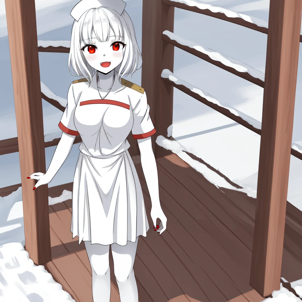 masterpiece、Highest quality，High resolution，snow-white skin、Pure white hair、Vampire Iino Miko、Red eyes、Pure white skin、Red nails、In uniform、skirt、Pure white hairの毛、Standing in a nurse costume、Very Short Hair、Muscular、Has some fangs、Shiny eyes、Height 180 cm