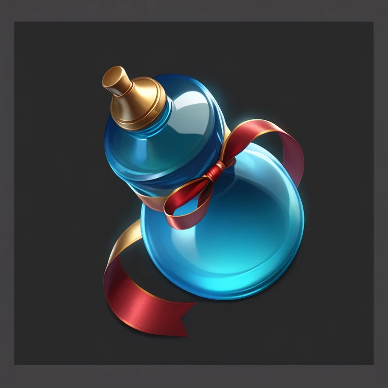 Blue glass bottle tied with a red ribbon and a bottle with a gold handle, Game Icon Assets, Game assets, mobile Game assets, Rendering Art, 2d Game assets, Stylized shadows, A bottle of health potion, Stylized game art, Stylized art, Arcane Bomb, 3d icons for mobile games, Stylized game icons, Object Art