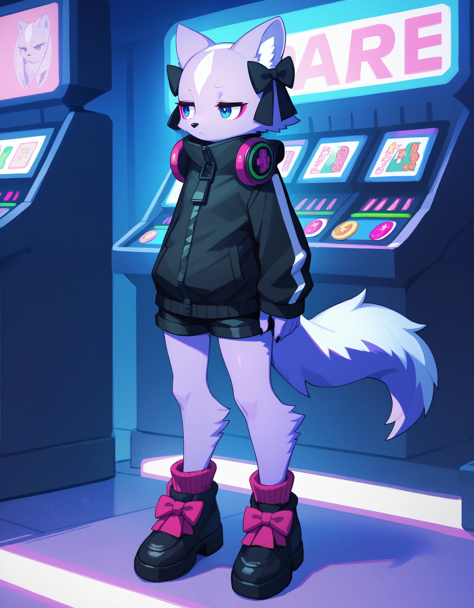 Solo, score_9,score_8_up, score_7_up, kemono style, Shikabane, furry body,  jitome, eyes half open, magenta eyeliner, wearing black jacket, black short shorts, black shoes, in an arcade, looking around curious expression, standing, 