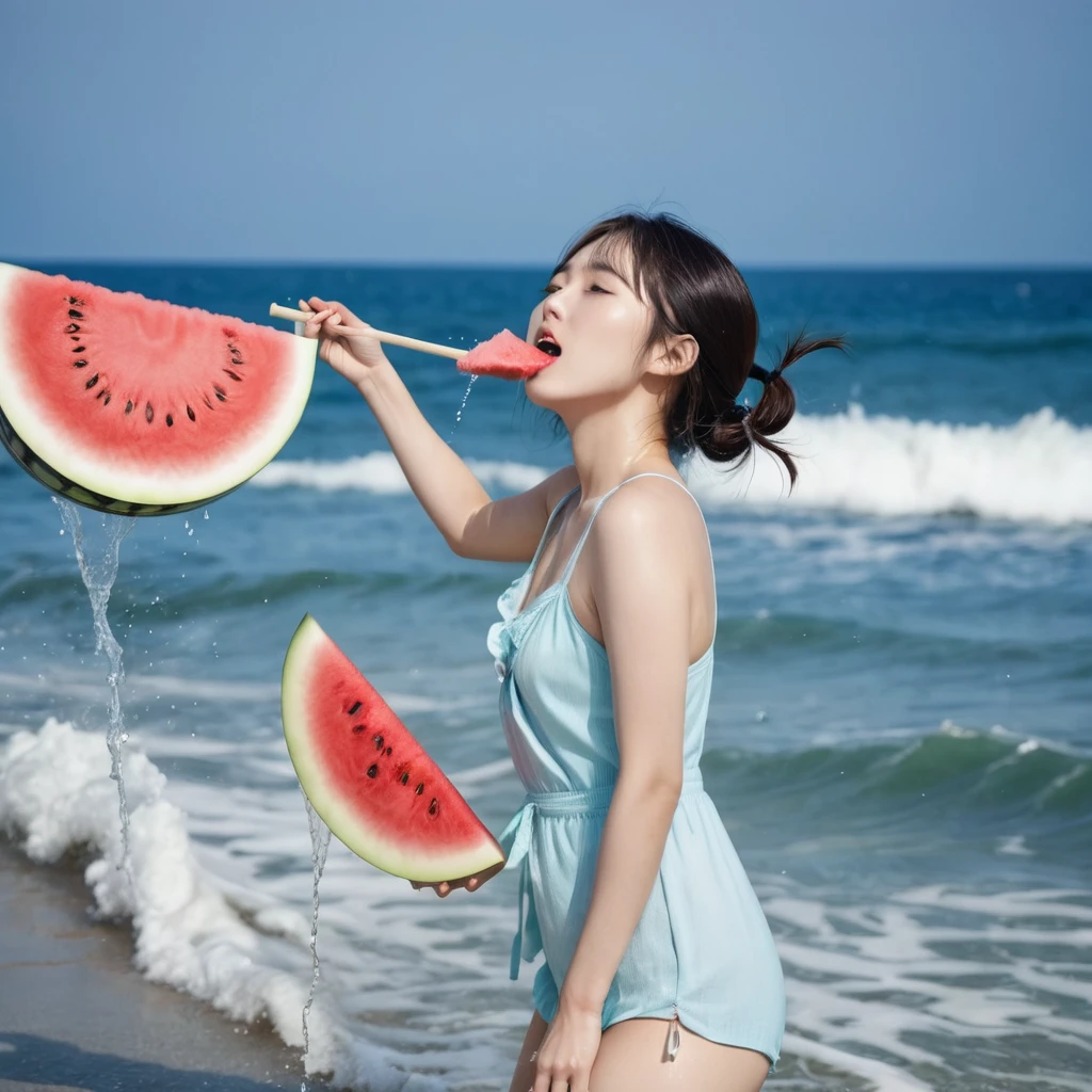 Young Japanese women、Swimwear、Blindfold、Raising the stick、Sea beach、There is a watermelon in front of it、Watermelon Smashing、 (water is gushing out), The waves are coming and going