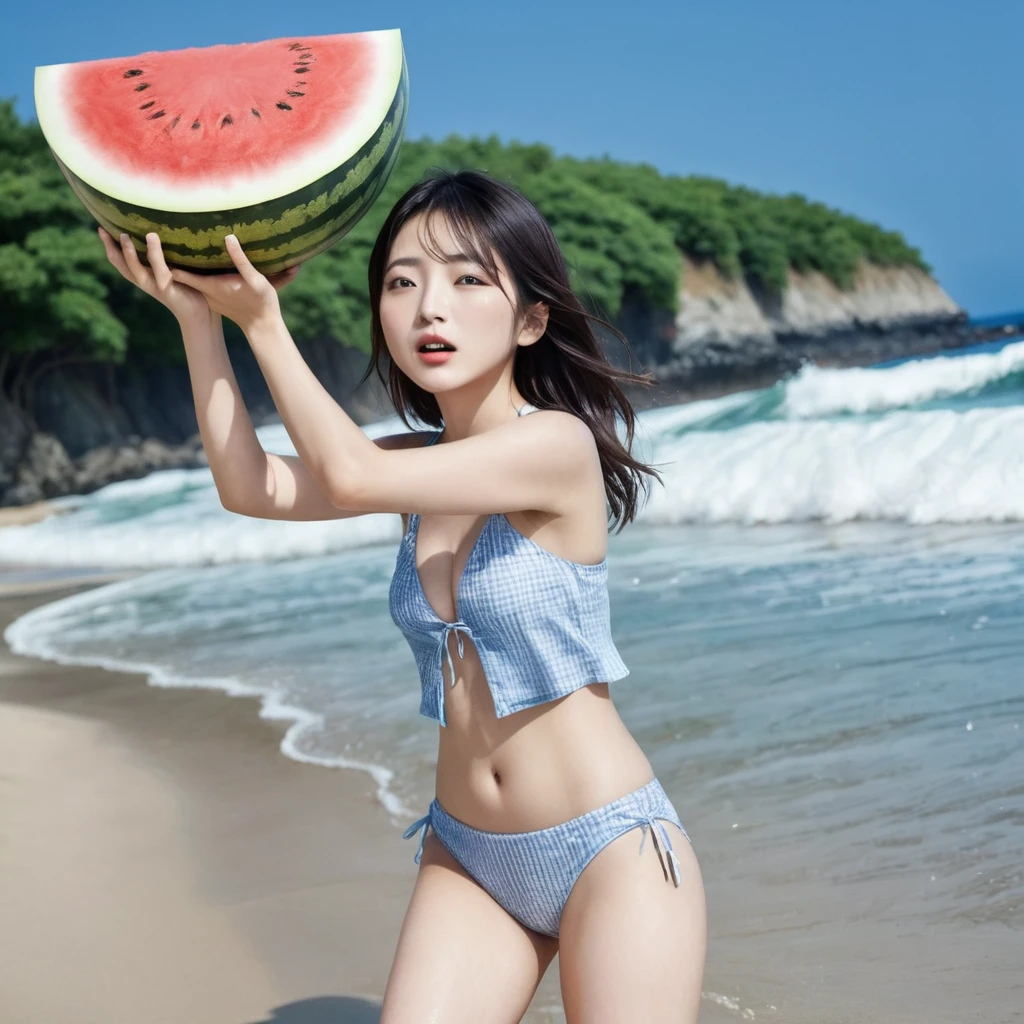 Young Japanese women、Swimwear、Blindfold、Raising the stick、Sea beach、There is a watermelon in front of it、Watermelon Smashing、 (water is gushing out), The waves are coming and going