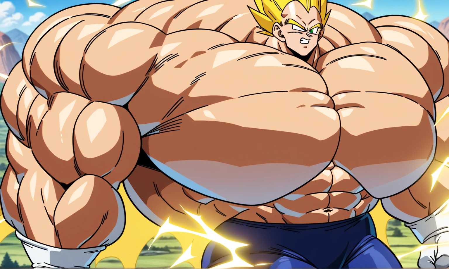 1boy, Vegeta, from Dragon Ball Z, masterpiece, best quality, very aesthetic, absurdres, saiyan, green eyes, spiked hair, (yellow hair:2), shirtless, blue skintight pants, white gloves, (huge muscles:2.5), dragonballartstyle, in the style of Akira Toriyama, outdoors, flat-top mountains, abs, yellow aura, electricity, nipples