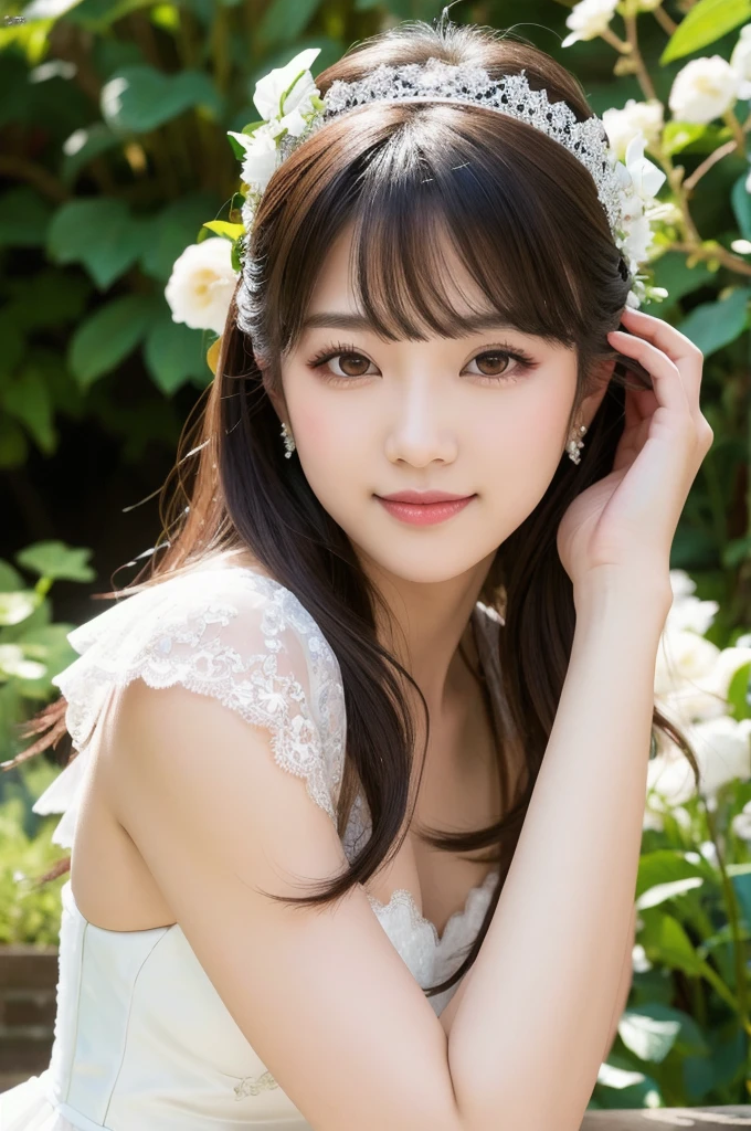 (8k, Photorealistic, Raw photo, Highest quality: 1.4),Japanese idol-style beautiful girl,model,1 person,18-year-old,(Short Bob),(Black Hair),tiara,She has her hair tucked behind her ears,Clear grey eyes,(Long eyelashes),(eye shadow),(Eyeliner),(eyeliner),(piercings(small)),cheek(Beige brown color),(Lip gloss(Deep vermilion)),lips(Plump,glossy),Translucent white and finely textured skin,thin long neck,Thin and delicate shoulders,(Lace gloves(White)),(Wedding Bouquet :1.1),(Wedding dress((Frills),(Lace embroidery),(Plumpしたロングスカート :1.2))),(layer),(High heels(White)),(Garden Wedding Venue),(Background with sea view),(Smiling at the camera),(Full body portrait)