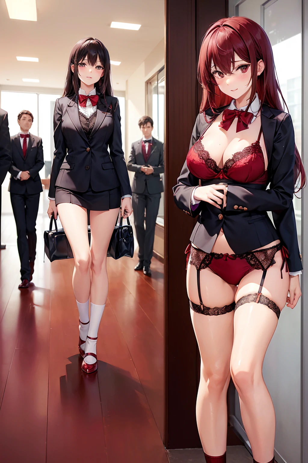 ((一人のWoman in underwearはセクシーに歩いている:1.5)), Beautiful Anime Women, Beautiful art style, Anime characters, ((Smooth texture, Realistic texture, Anime CG Style)), ((Highest quality)), (Very detailed), (Very detailed CG 統合 8k 壁紙), Very detailed, High-resolution RAW color photos, Professional photography, (Brown Hair, Stylish hairstyle:1.1), Great face and eyes, Beautiful and big breasts, Slender body, (Stunningly beautiful woman), (Detailed face:1.2), (Office corridor, There is a window in the hallway:1.4), (Many men in suits are walking in the background:1.5), ((Bow tie around neck:1.3), (Black high heels:1.1), (Sexy and cute burgundy red underwear:1.3), (Stylish shiny burgundy red satin panties, Side-tie panties, Panties with a plain Bordeaux red center and lace decoration on the sides:1.3), (Thin panties:1.3), (Bordeaux Red Micro Lace Satin Bra, Bordeaux red lace-trimmed bra, Thin bra:1.3), (lace garter belt, Garter Strings, Knee socks:1.3):1.3), (naked, Woman in underwear, 女性はブラとパンティとKnee socksとガーターベルトだけを着用:1.6), Exact number of arms, Exact number of legs, Perfect Anatomy, (Embarrassed expression, Surprised expression), Angle from the front, Exact finger count、Exact number of legs、(Exact number of arms:1.0, Exact number of hands:1.0), (Perfect hands, Perfect Anatomy)