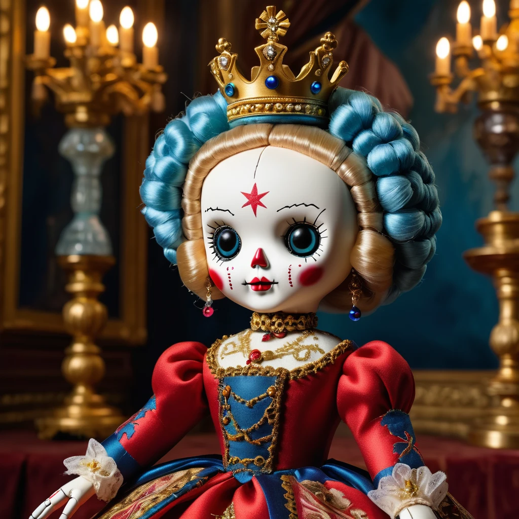 (knitted toy voodoo doll:1.7), (Voodoo Catherine the Great:1.3), (Clothing: Russian imperial attire with ornate patterns:1.0), (Accessories: enchanted crown emitting a majestic glow, floating orb:1.1), (background: grand Russian palace with opulent decor, chandeliers, and an atmosphere of enlightened absolutism:1.2), best quality, masterpiece, detailed soft oil painting, detailed background, dramatic cinematic lighting, soft edge lighting, professional, dramatic lighting, hard edge lighting, ultra quality, 4k, masterpiece, best quality, 8k, ultra high definition, high resolution, extremely detailed