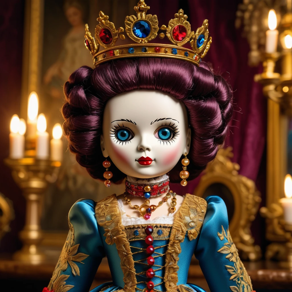 (knitted toy voodoo doll:1.7), (Voodoo Catherine the Great:1.3), (Clothing: Russian imperial attire with ornate patterns:1.0), (Accessories: enchanted crown emitting a majestic glow, floating orb:1.1), (background: grand Russian palace with opulent decor, chandeliers, and an atmosphere of enlightened absolutism:1.2), best quality, masterpiece, detailed soft oil painting, detailed background, dramatic cinematic lighting, soft edge lighting, professional, dramatic lighting, hard edge lighting, ultra quality, 4k, masterpiece, best quality, 8k, ultra high definition, high resolution, extremely detailed