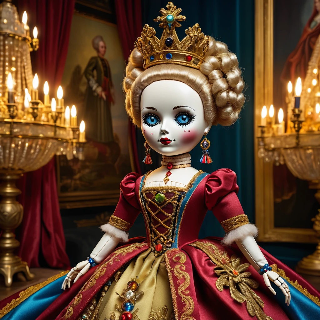 (knitted toy voodoo doll:1.7), (Voodoo Catherine the Great:1.3), (Clothing: Russian imperial attire with ornate patterns:1.0), (Accessories: enchanted crown emitting a majestic glow, floating orb:1.1), (background: grand Russian palace with opulent decor, chandeliers, and an atmosphere of enlightened absolutism:1.2), best quality, masterpiece, detailed soft oil painting, detailed background, dramatic cinematic lighting, soft edge lighting, professional, dramatic lighting, hard edge lighting, ultra quality, 4k, masterpiece, best quality, 8k, ultra high definition, high resolution, extremely detailed