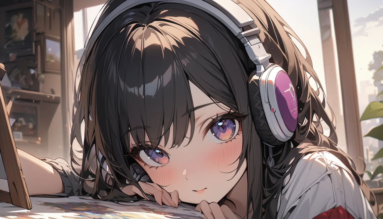 masterpiece, Highest quality, Very delicate and beautiful girl,Very delicate and beautiful, world masterpiece theater, Very detailed, Very detailed, Highest quality, Black Hair, High resolution, Very detailed,One girl, Highest quality, View your viewers, material, canvas, Genuineistic, Genuineist ,Genuine,A high school girl wearing a listening to music with headphones on her head