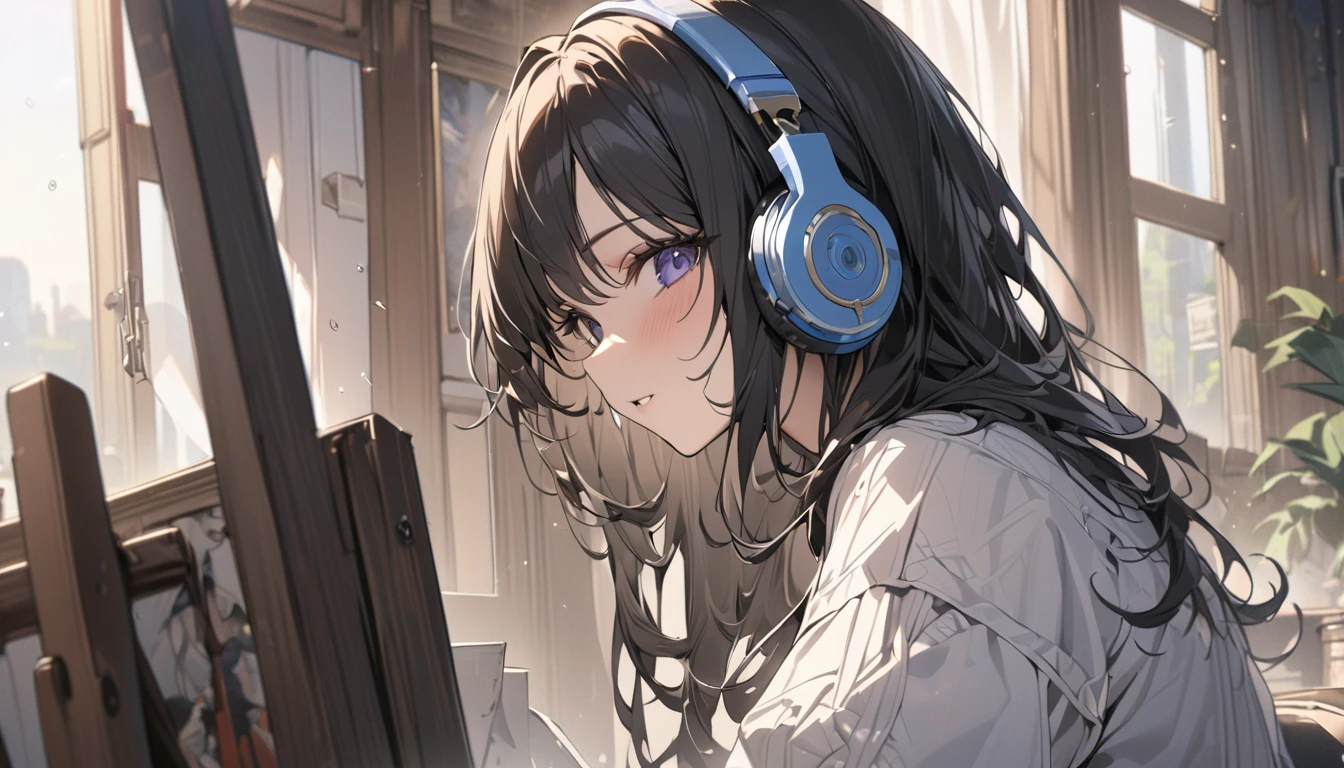 masterpiece, Highest quality, Very delicate and beautiful girl,Very delicate and beautiful, world masterpiece theater, Very detailed, Very detailed, Highest quality, Black Hair, High resolution, Very detailed,One girl, Highest quality, View your viewers, material, canvas, Genuineistic, Genuineist ,Genuine,A high school girl wearing a  listening to music with headphones on her head