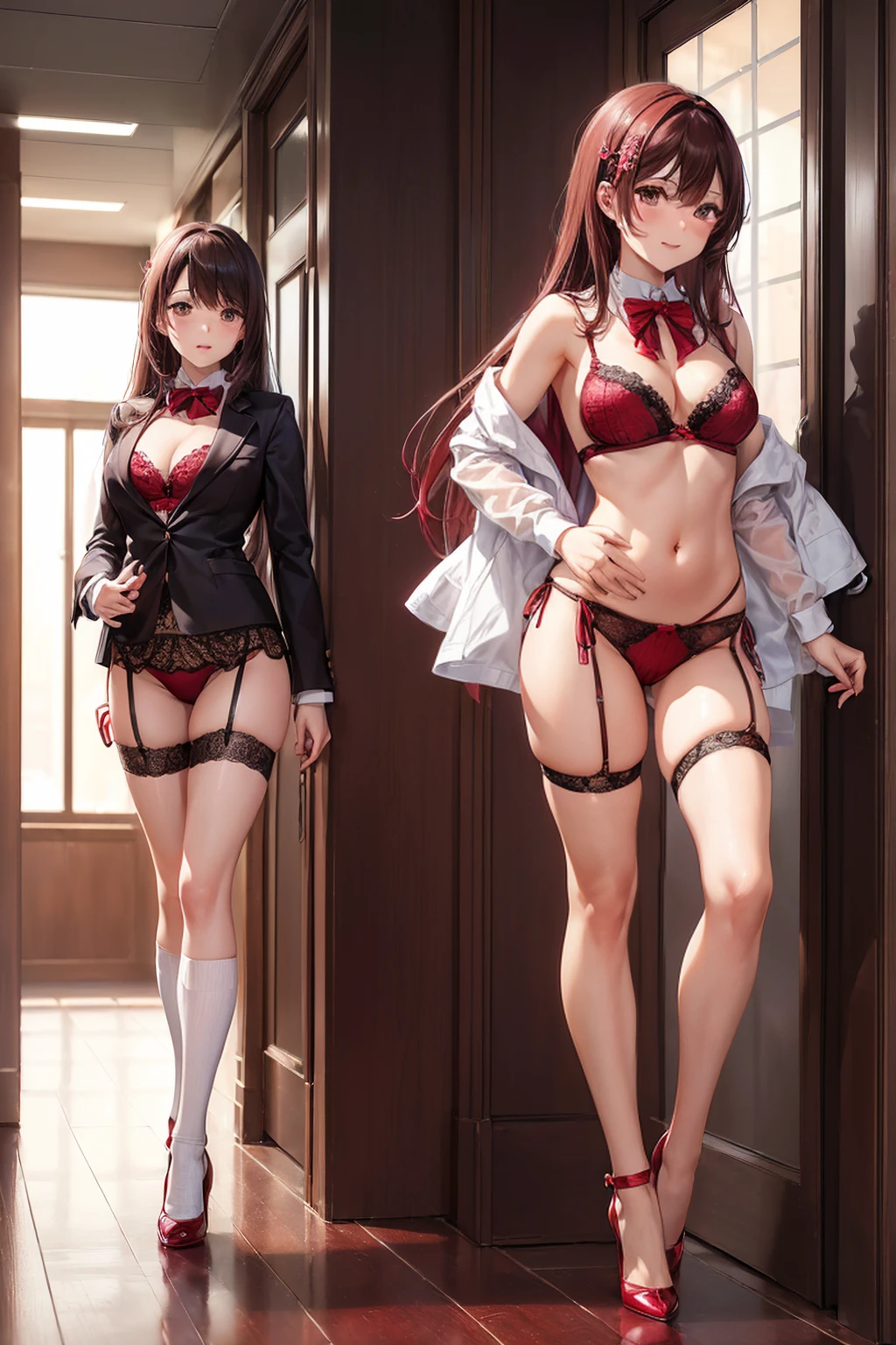 ((一人のWoman in underwearはセクシーに歩いている:1.5)), Beautiful Anime Women, Beautiful art style, Anime characters, ((Smooth texture, Realistic texture, Anime CG Style)), ((Highest quality)), (Very detailed), (Very detailed CG 統合 8k 壁紙), Very detailed, High-resolution RAW color photos, Professional photography, (Brown Hair, Stylish hairstyle:1.1), Great face and eyes, Beautiful and big breasts, Slender body, (Stunningly beautiful woman), (Detailed face:1.2), (Office corridor, There is a window in the hallway:1.4), (Many men in suits are walking in the background:1.5), ((Bow tie around neck:1.3), (Black high heels:1.1), (Sexy and cute burgundy red underwear:1.3), (Stylish shiny burgundy red satin panties, Side-tie panties, Panties with a plain Bordeaux red center and lace decoration on the sides:1.3), (Thin panties:1.3), (Bordeaux Red Micro Lace Satin Bra, Bordeaux red lace-trimmed bra, Thin bra:1.3), (lace garter belt, Garter Strings, Knee socks:1.3):1.3), (naked, Woman in underwear, 女性はブラとパンティとKnee socksとガーターベルトだけを着用:1.6), Exact number of arms, Exact number of legs, Perfect Anatomy, (Embarrassed expression, Surprised expression), Angle from the front, Exact finger count、Exact number of legs、(Exact number of arms:1.0, Exact number of hands:1.0), (Perfect hands, Perfect Anatomy)