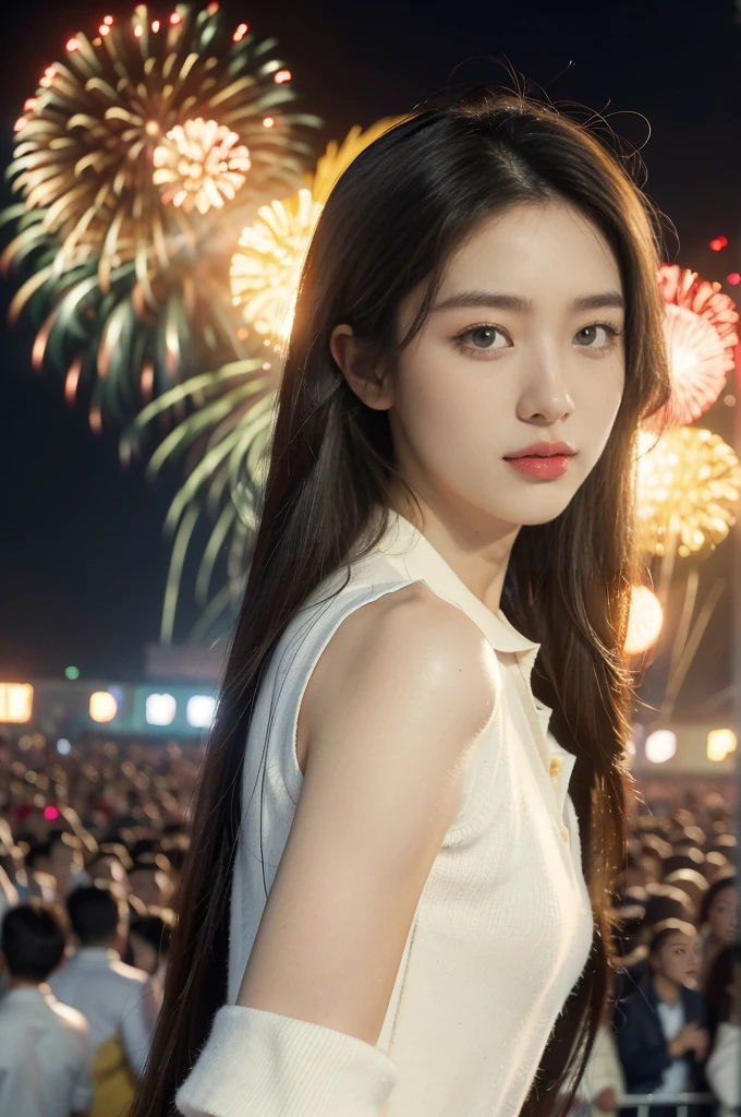 (((best quality))),(((ultra detailed))),(((masterpiece))),illustration, ((Olympic Opening Ceremony,in Paris,summer night,magnificent National stadium of France,Olympic torch lighting, fireworks)),(crowded crowds of enthusiastic spectators:1.3),((a beautiful Chinese girl,solo)),((shoulder length straight hair:1.2)),((slim,thin)),((small breasts,flat chest)),(red short-sleeved collared polo shirt:1.3),(yellow skirt:1.2), excited expression, awe, celebrating, electric atmosphere, sense of pride, excitement, playing field, crowd energy, unity, camaraderie, representing China, historic event, memorable moment,((from front,upper body))