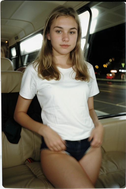 photo polaroid, night photo, 14 year old photo.Oh beautiful American woman with blonde hair, legs and brown eyes., pale, bokeh, Motion blur as a background of a white Volvo Irizar passenger bus
