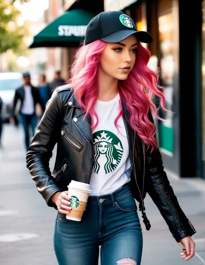 Very attractive 25 year old female with long wavy bright pink hair, wearing a baseball cap, tight jeans, t-shirt, leather jacket, walking down the street, carrying a starbucks coffee, photo quality