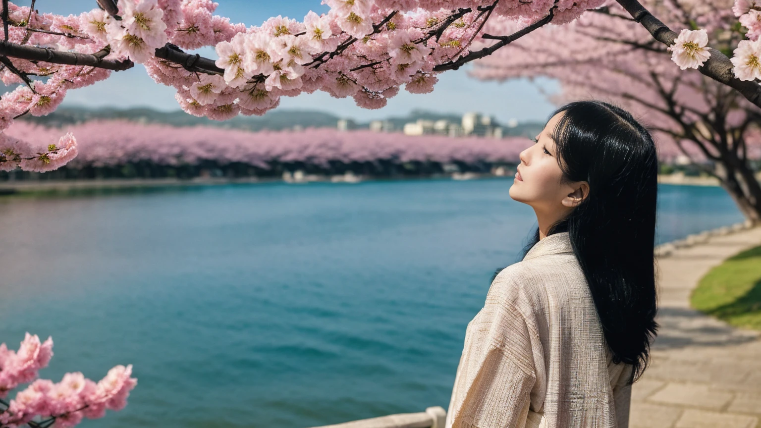 One girl,Black Hair, Floating Hair, Seaside,景color,landscape,cherry blossoms, Falling petals, Sunbeam,God&#39;s Rays,Upper Body,  color,dress,kimono